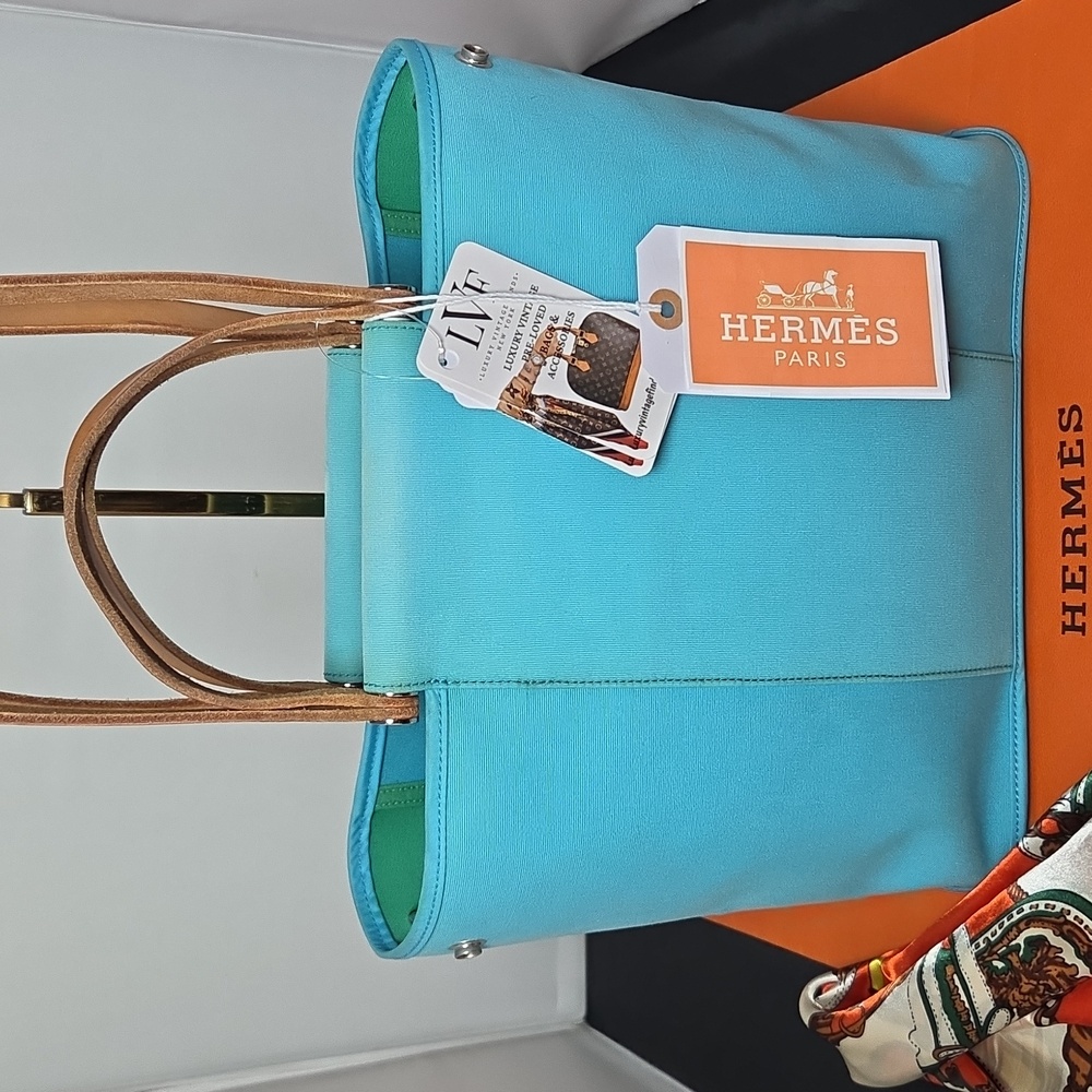 Hermès 2012 Cabas Élan PM Collectable Ltd Production two-tone Color blue/green - Picture 7 of 17